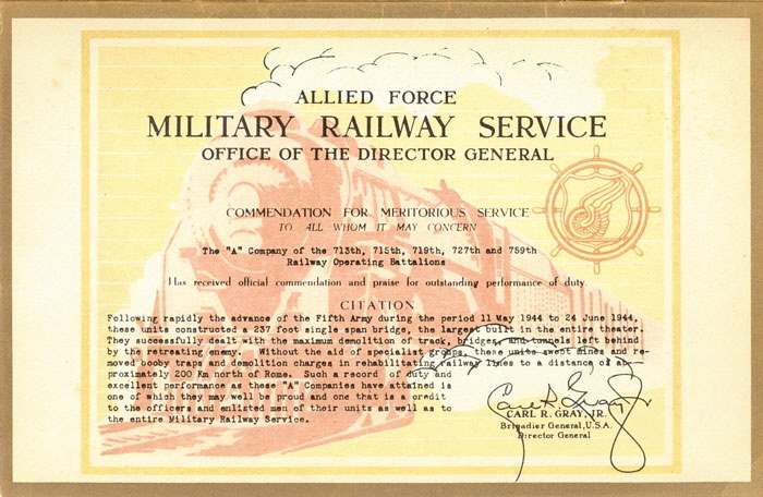 1st MRS Certificate of Merit. Inaugurated by General Gray to fill a need not covered by other U.S. Army citations or decorations
